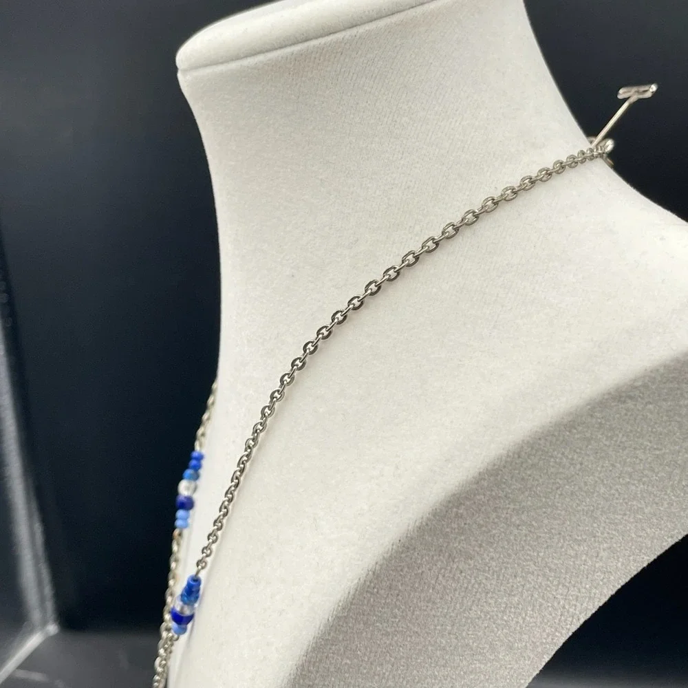 Vintage Womens Blue Glass Pendant & Crystal Bead Chain Fashion Necklace‎